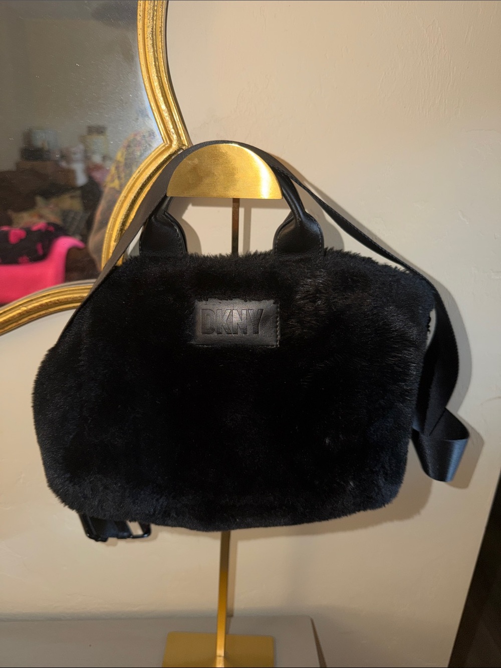 DKNY Black Faux Fur Crossbody Bag with Leather Trim
